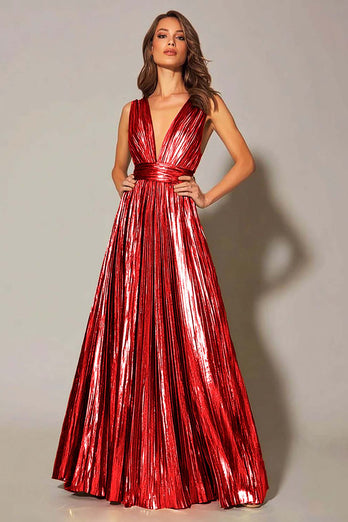 Sparkly Gold Metallic A-Line Pleated V-Neck Long Formal Dress