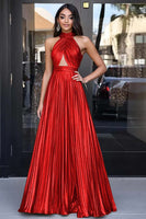 Load image into Gallery viewer, Metallic Gold Halter Keyhole A Line Long Prom Dress