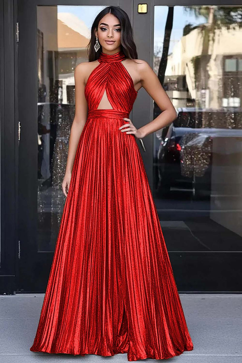 Load image into Gallery viewer, Metallic Gold Halter Keyhole A Line Long Prom Dress