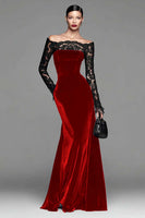 Load image into Gallery viewer, Burgundy Velvet Long Sleeves Mermaid Holiday Party Dress with Lace