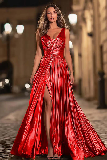 Sparkly Gold Metallic V-Neck Pleated A-Line Long Formal Dress with Slit