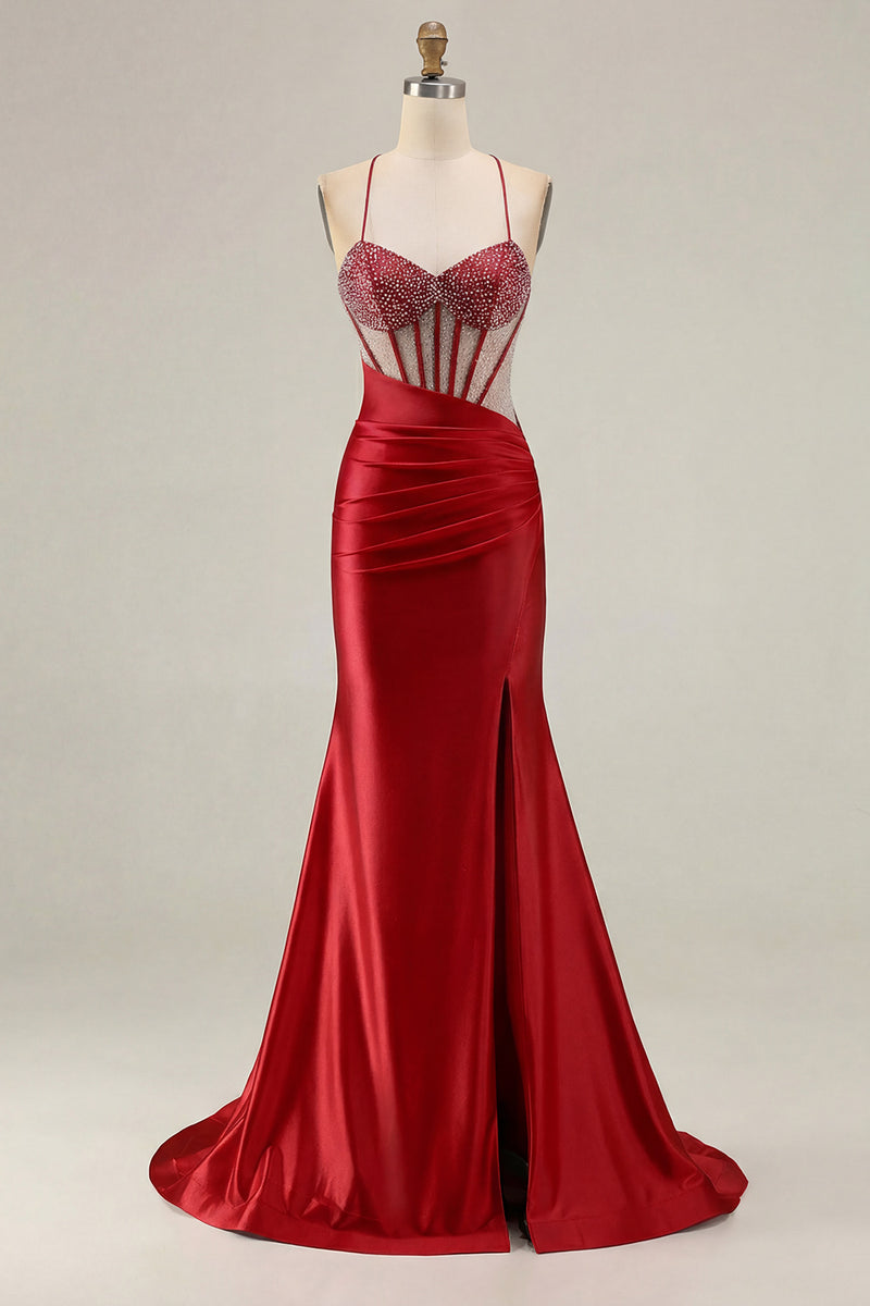 Load image into Gallery viewer, Sparkly Pink Mermaid Long Corset Prom Dress with Slit