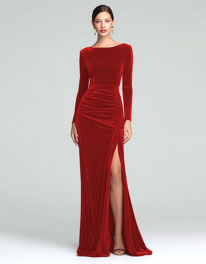Burgundy Boat Neck Ruched Velvet Long Sleeves Holiday Party Dress