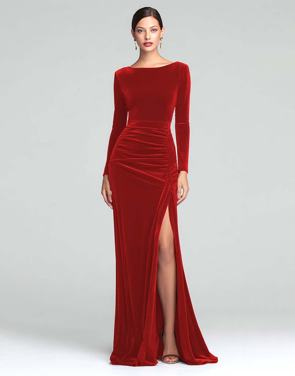 Load image into Gallery viewer, Burgundy Boat Neck Ruched Velvet Long Sleeves Holiday Party Dress