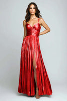 Load image into Gallery viewer, Silver Metallic Spaghetti Straps Pleated Long Formal Dress with Slit