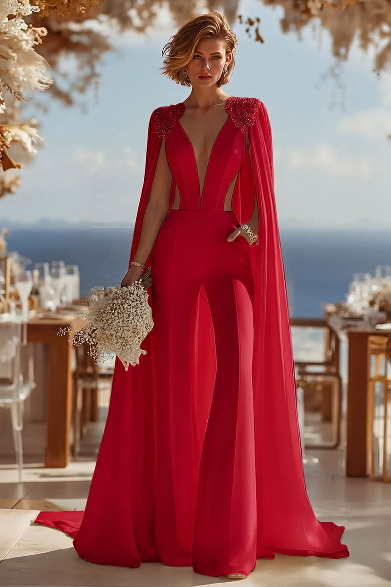 Load image into Gallery viewer, Ivory Cut Out Deep V-Neck Bridal Jumpsuits with Cape