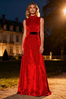 Load image into Gallery viewer, Pink Velvet High Neck Long Holiday Party Dress with Belt