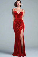 Load image into Gallery viewer, Burgundy Mermaid Velvet Maxi Holiday Party Dress with Slit