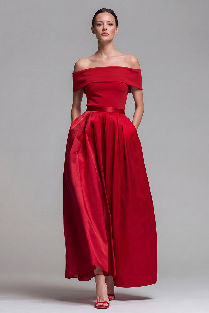 Load image into Gallery viewer, Fuchsia and Red Long Off the Shoulder A Line Patchwork Formal Dress