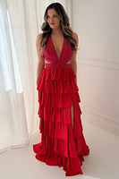 Load image into Gallery viewer, Sparkly Fuchsia Beaded A Line Tiered Long Prom Dress with Slit