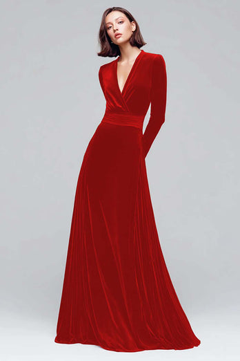 Dark Green A Line V-Neck Velvet Long Sleeves Holiday Party Dress