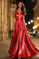 Load image into Gallery viewer, Sparkly Gold Metallic A-Line Ruched V-Neck Long Formal Dress with Slit