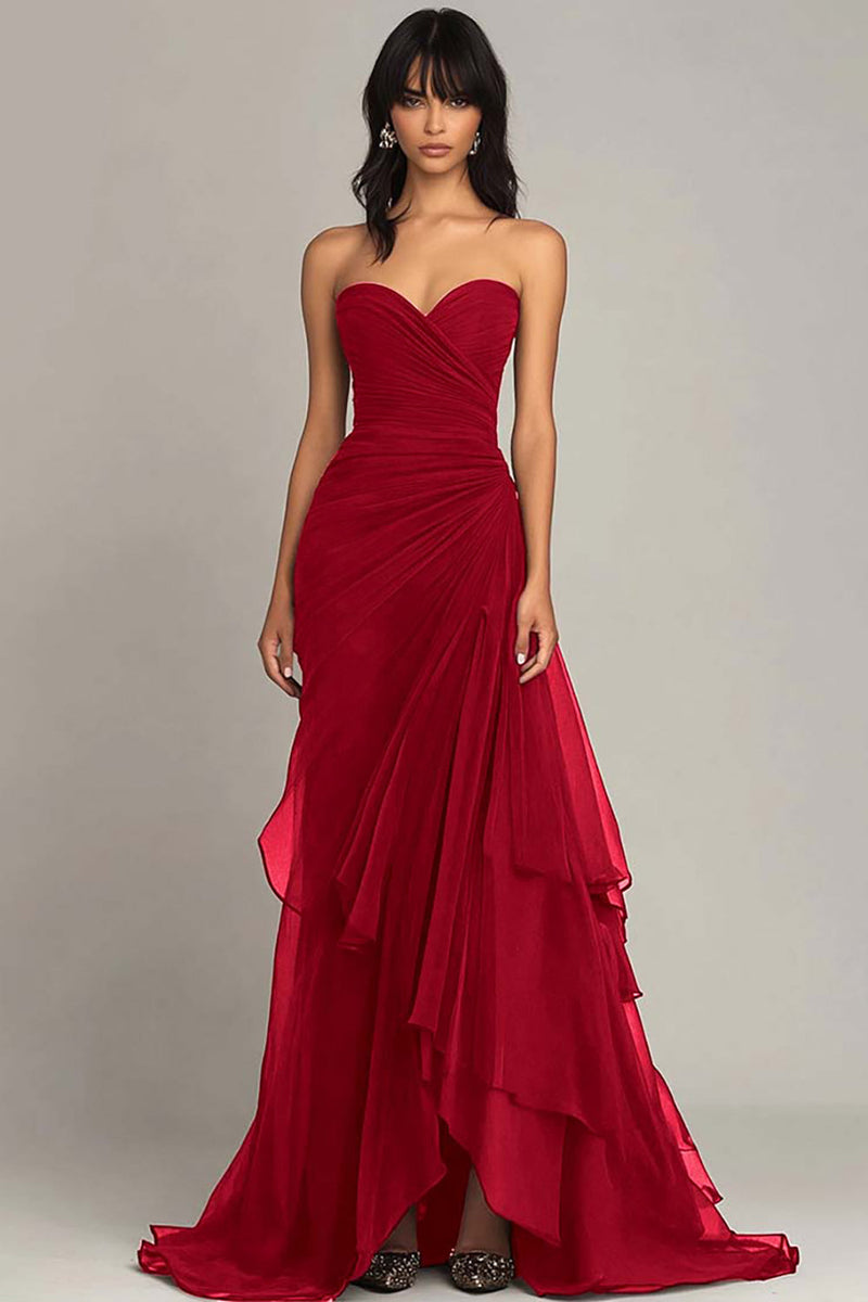 Load image into Gallery viewer, Women Wedding Guest Dress Red Chiffon Formal Dress Sheath Sweetheart Tiered Ruched Long Evening Dress