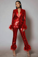 Load image into Gallery viewer, 2 Piece Sparkly Sequins Black Women Prom Suits with Feathers