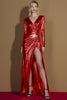 Load image into Gallery viewer, Metallic Golden V-Neck Glitter Long Sleeves Gala Dress with Slit