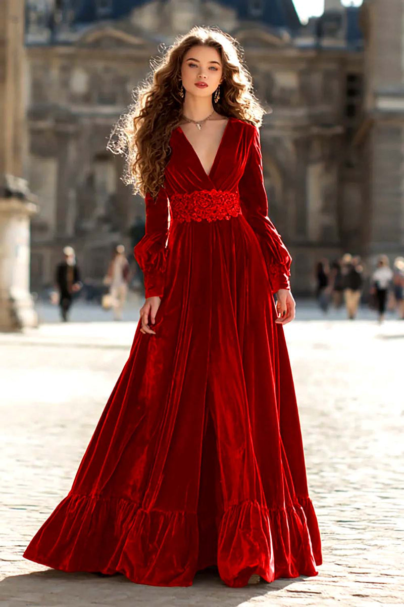 Load image into Gallery viewer, Brown A Line Maxi Velvet Holiday Party Dress with Sleeves