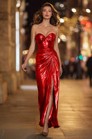 Load image into Gallery viewer, Sparkly Gold Metallic Sweetheart Ruched Long Formal Dress with Slit