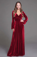 Load image into Gallery viewer, Cabernet V-Neck A-Line Velvet Long Holiday Party Dress with Sleeves