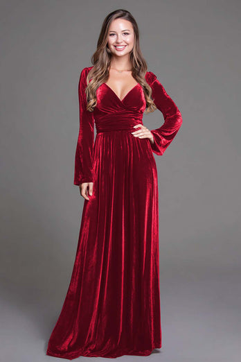 Cabernet V-Neck A-Line Velvet Long Holiday Party Dress with Sleeves