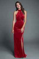 Load image into Gallery viewer, Burgundy Mermaid Halter Velvet Ruched Long Holiday Party Dress with Slit
