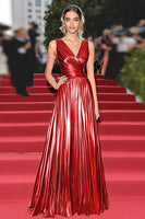 Load image into Gallery viewer, Gold V-Neck Metallic Pleated A Line Long Formal Dress