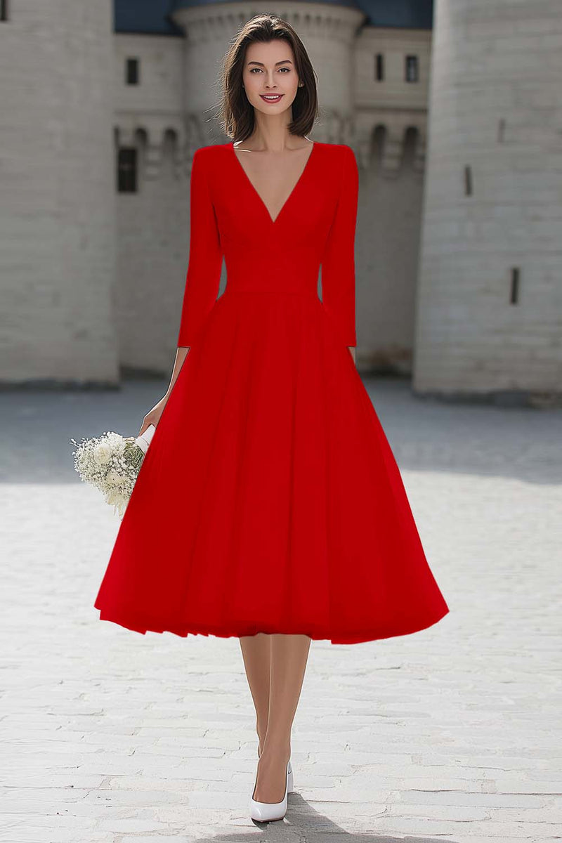 Load image into Gallery viewer, Ivory A Line V-Neck Midi Wedding Dress with Sleeves