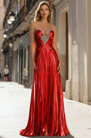 Load image into Gallery viewer, Sparkly Gold Pleated Strapless Metallic Long Prom Dress