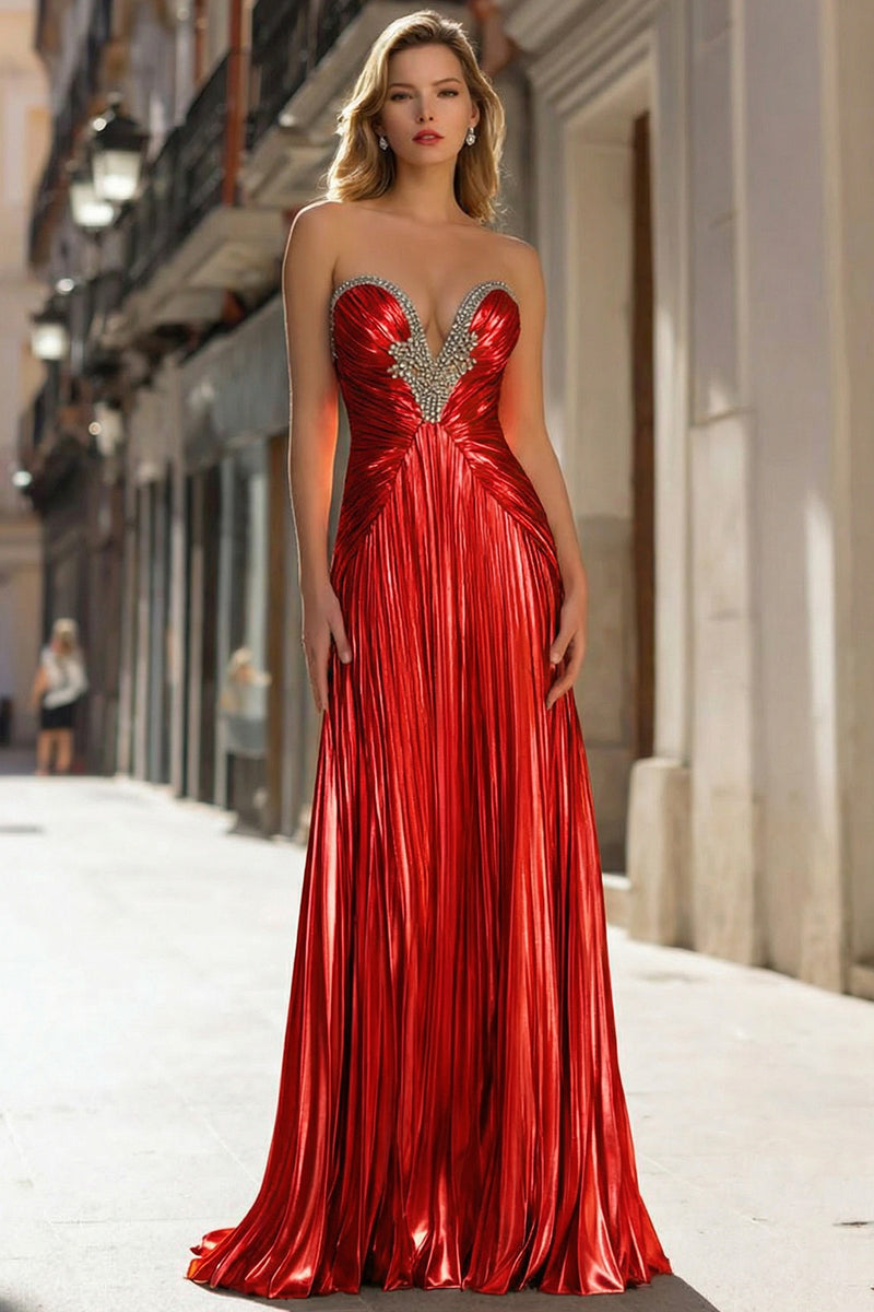 Load image into Gallery viewer, Sparkly Gold Pleated Strapless Metallic Long Prom Dress