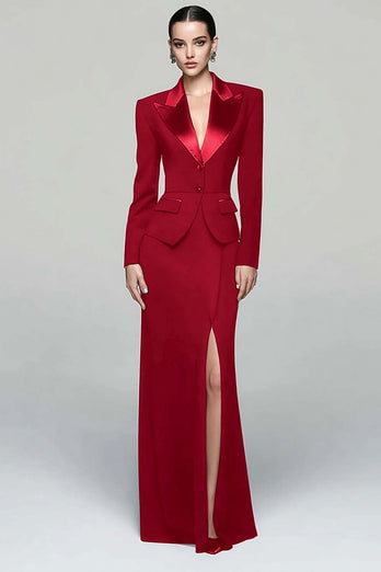 2 Piece Black Peak Lapel Long Pencil Blazer Dress with Slit
