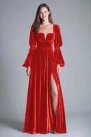 Load image into Gallery viewer, Burgundy A-Line Puff Sleeves Velvet Long Holiday Party Dress with Slit