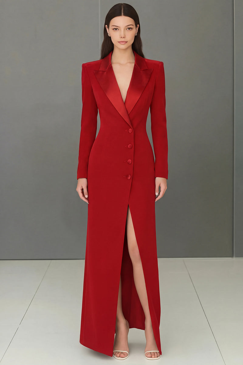 Load image into Gallery viewer, Navy Peak Lapel Velvet Single Breasted Long Blazer Dress with Slit