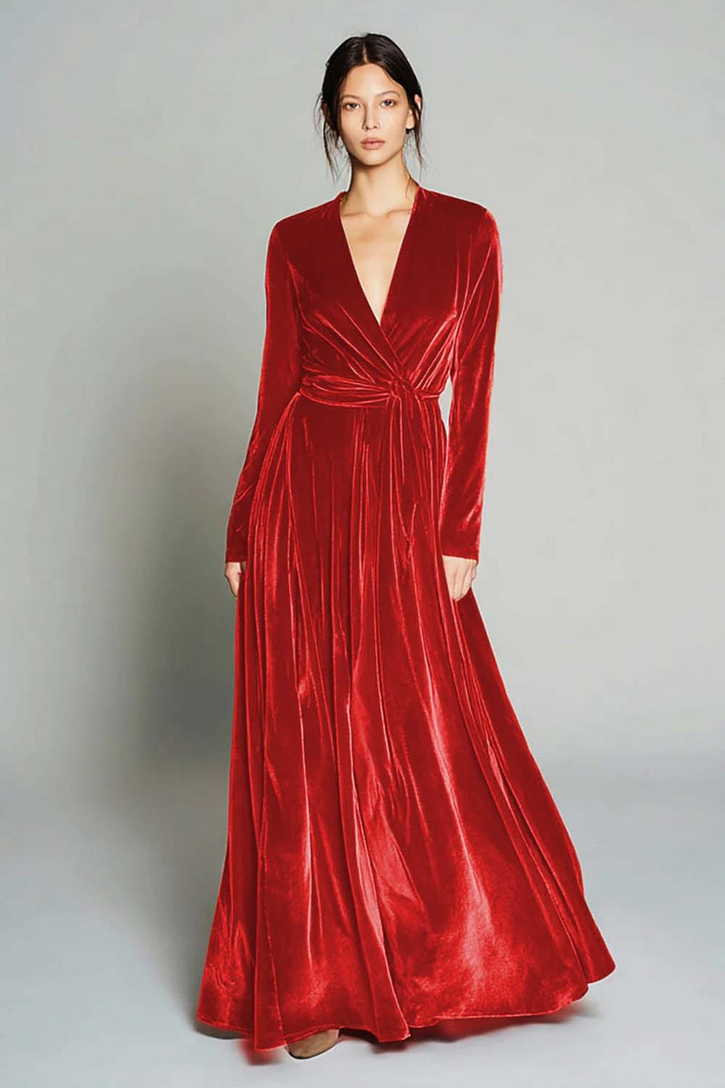 Load image into Gallery viewer, Brown Pleated Velvet A Line Long Sleeves Holiday Party Dress
