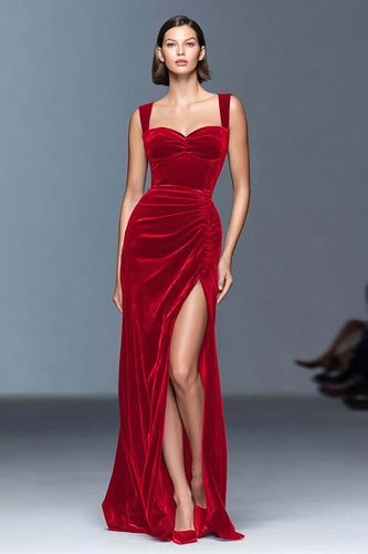 Queendancer UK Women Red Velvet Maxi Holiday Party Dress with Slit Sheath Ruched Straps Formal Dress