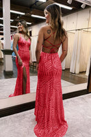 Load image into Gallery viewer, Sparkly Red Open Back Sequins Long Prom Dress with Slit