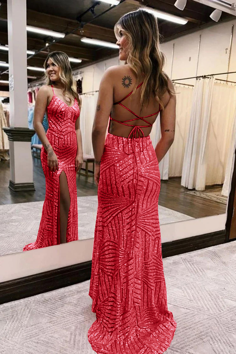Load image into Gallery viewer, Sparkly Red Open Back Sequins Long Prom Dress with Slit