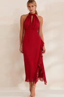 Load image into Gallery viewer, Navy Chiffon Ruffled Halter Ankle Length Work Dress with Slit
