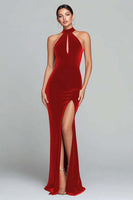 Load image into Gallery viewer, Burgundy Velvet Halter Keyhole Mermaid Maxi Holiday Party Dress with Slit