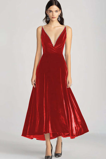 Burgundy Velvet V-Neck A Line Long Formal Dress