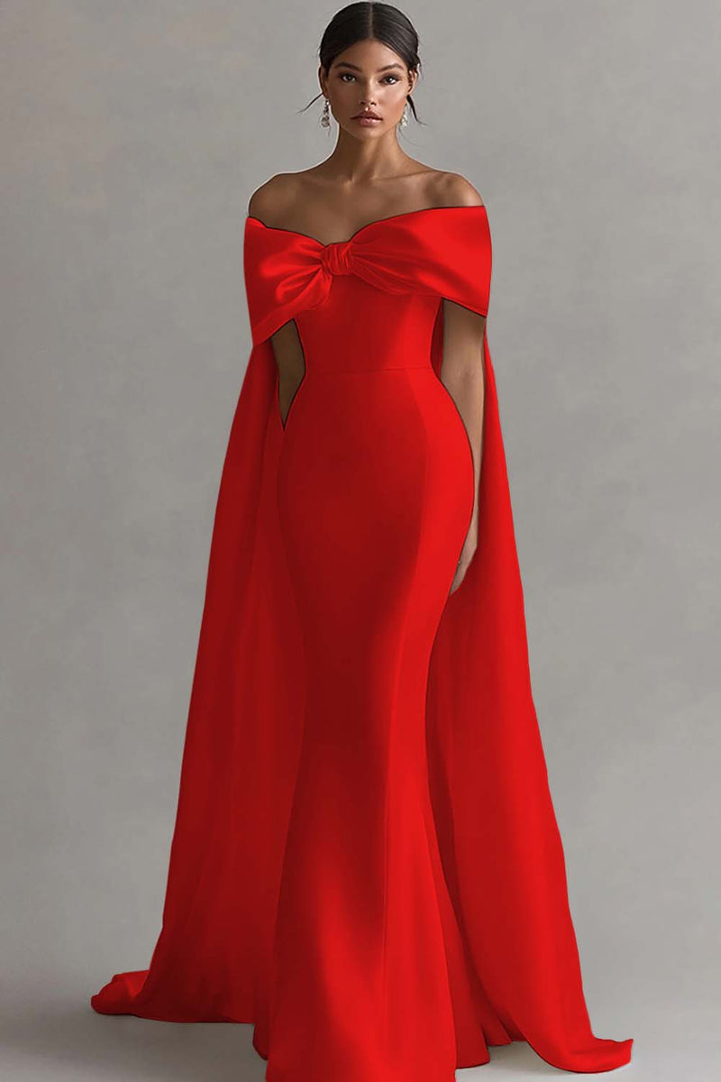 Load image into Gallery viewer, Ivory Bow Front Satin Mermaid Maxi Wedding Ceremony Dress with Cape