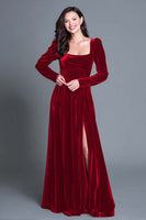 Load image into Gallery viewer, Plum A-Line Long Sleeves Velvet Holiday Party Dress with Slit