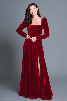 Plum A-Line Long Sleeves Velvet Holiday Party Dress with Slit