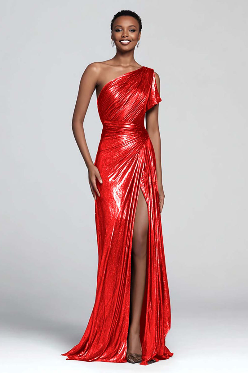 Load image into Gallery viewer, Sparkly Brown Mermaid One Shoulder Metallic Long Formal Dress with Slit