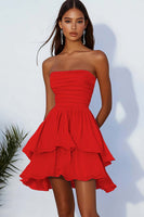 Load image into Gallery viewer, Red Ruched Chiffon Short Party Dress with Ruffles