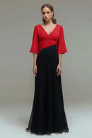 Load image into Gallery viewer, Black and White Ruched Chiffon Maxi Formal Dress with Sleeves