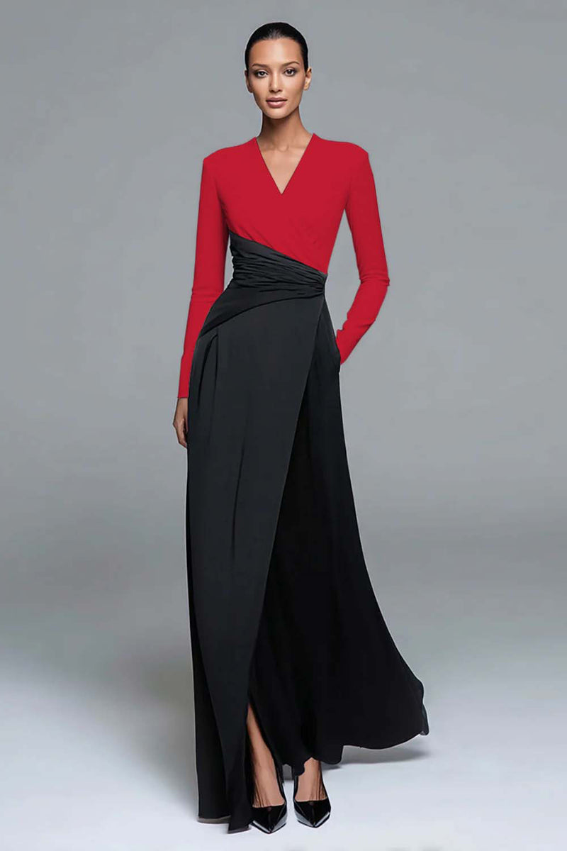 Load image into Gallery viewer, Black and White Patchwork Long Sleeves V-Neck Formal Dress with Pockets