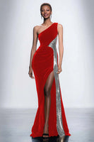 Load image into Gallery viewer, Black Velvet One Shoulder Mermaid Maxi Holiday Party Dress with Sequins