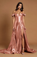 Load image into Gallery viewer, Golden A Line Metallic Ruffled Maxi Prom Dress with Slit