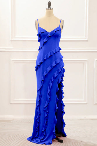 Royal Blue Backless Spaghetti Straps Prom Dress With Slit