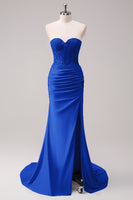 Load image into Gallery viewer, Sparkly Royal Blue Mermaid Strapless Corset Appliques Long Prom Dress with Slit