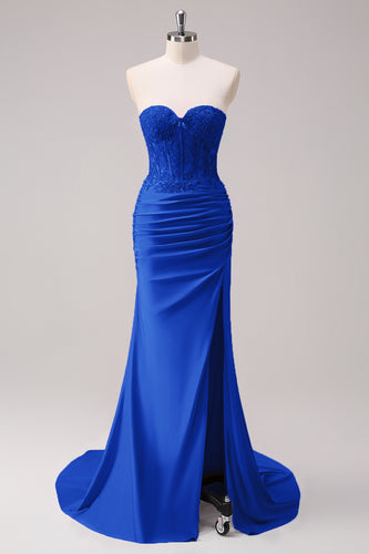 Sparkly Royal Blue Mermaid Strapless Corset Appliques Long Prom Dress with Slit